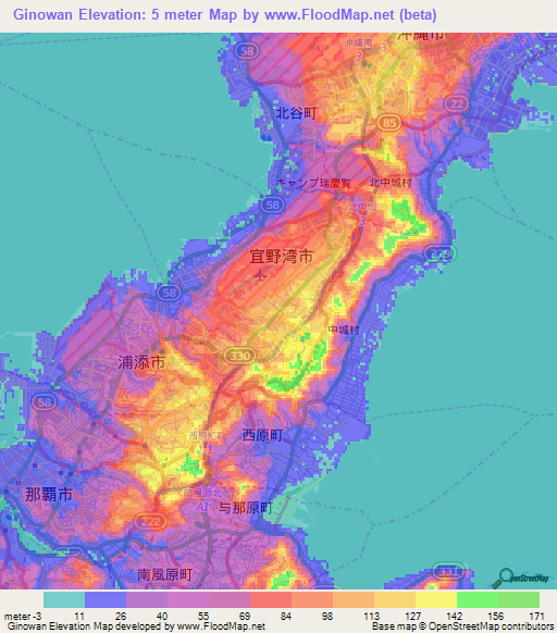 Ginowan,Japan Elevation Map