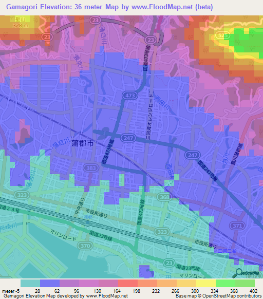 Gamagori,Japan Elevation Map