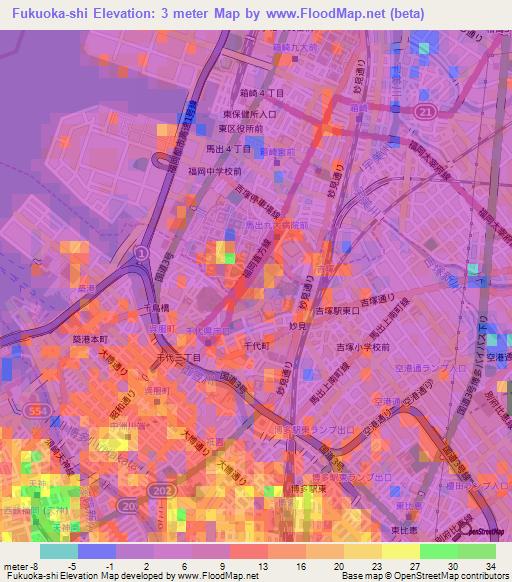 Fukuoka-shi,Japan Elevation Map