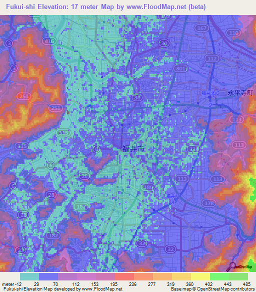 Fukui-shi,Japan Elevation Map