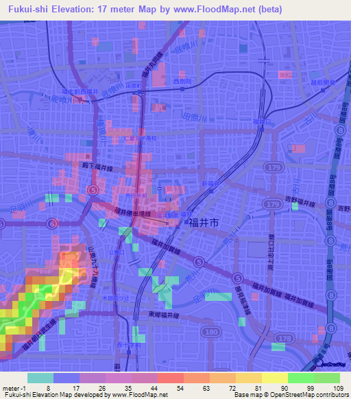 Fukui-shi,Japan Elevation Map