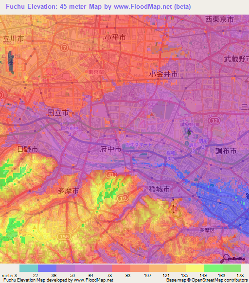 Fuchu,Japan Elevation Map