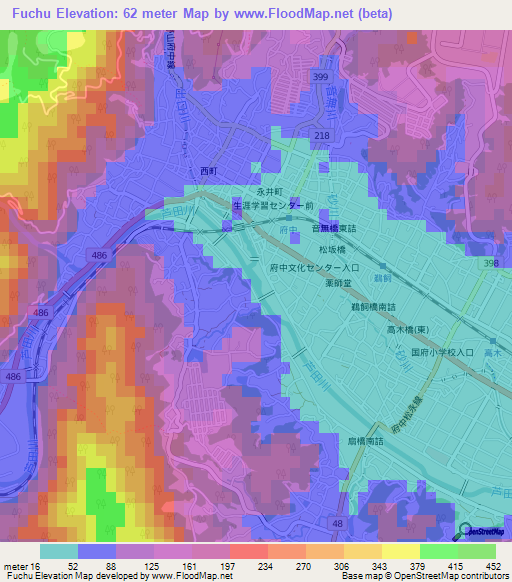 Fuchu,Japan Elevation Map