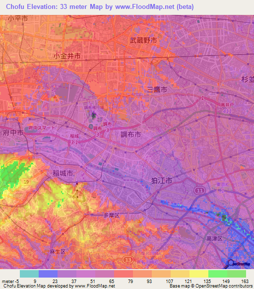 Chofu,Japan Elevation Map