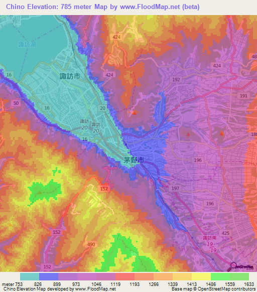 Chino,Japan Elevation Map