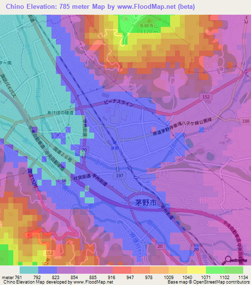 Chino,Japan Elevation Map