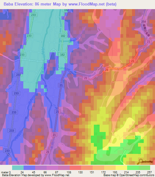 Baba,Japan Elevation Map