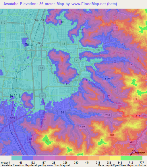 Awatabe,Japan Elevation Map