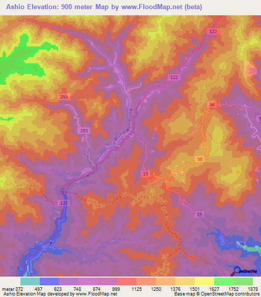 Ashio,Japan Elevation Map