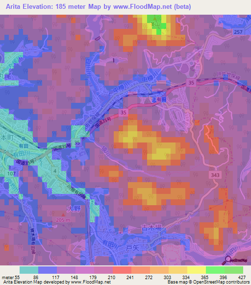 Arita,Japan Elevation Map
