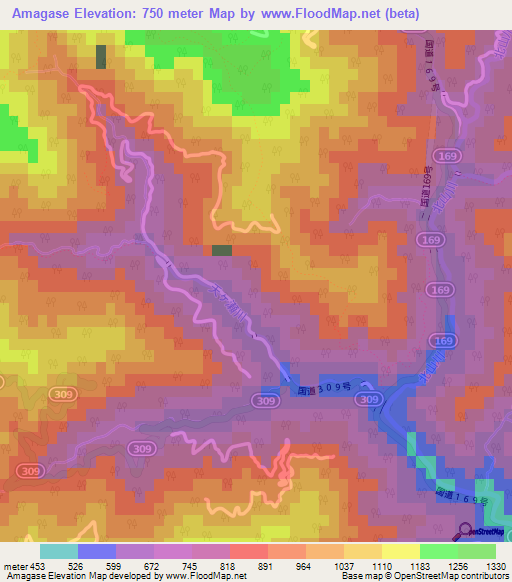 Amagase,Japan Elevation Map