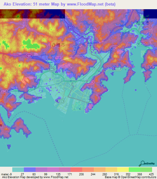 Ako,Japan Elevation Map