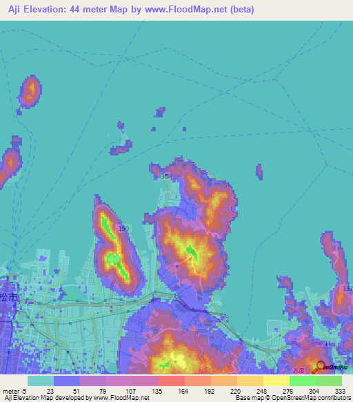 Aji,Japan Elevation Map