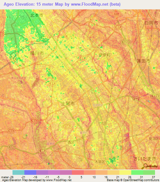 Ageo,Japan Elevation Map