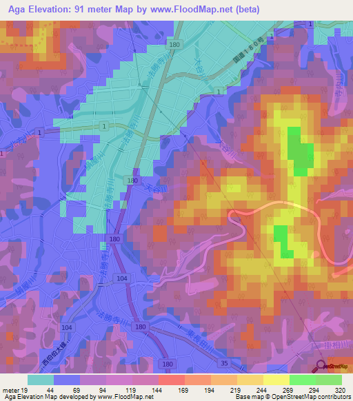 Aga,Japan Elevation Map