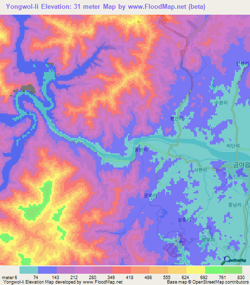 Yongwol-li,North Korea Elevation Map
