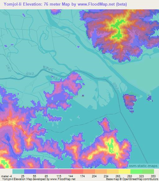 Yomjol-li,North Korea Elevation Map