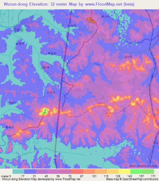 Worun-dong,North Korea Elevation Map