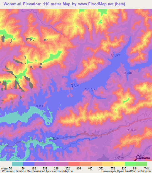 Woram-ni,North Korea Elevation Map