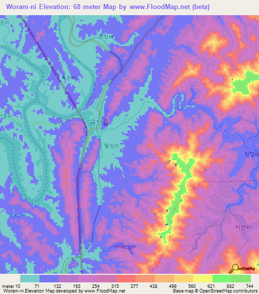 Woram-ni,North Korea Elevation Map