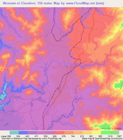 Wonnam-ni,North Korea Elevation Map