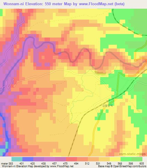 Wonnam-ni,North Korea Elevation Map