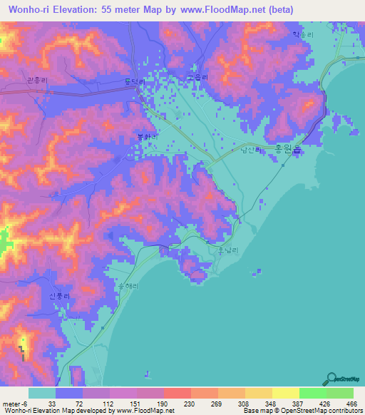 Wonho-ri,North Korea Elevation Map