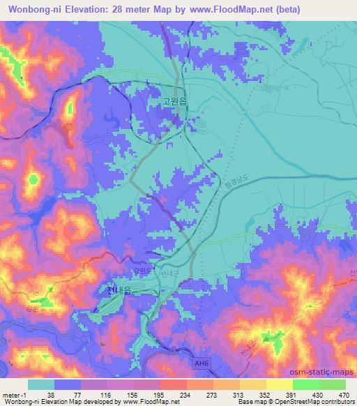 Wonbong-ni,North Korea Elevation Map