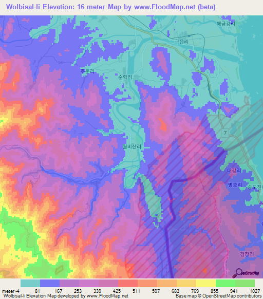 Wolbisal-li,North Korea Elevation Map