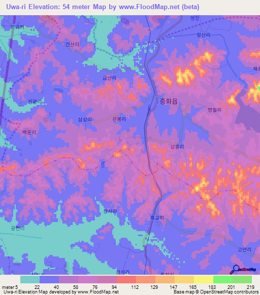 Uwa-ri,North Korea Elevation Map