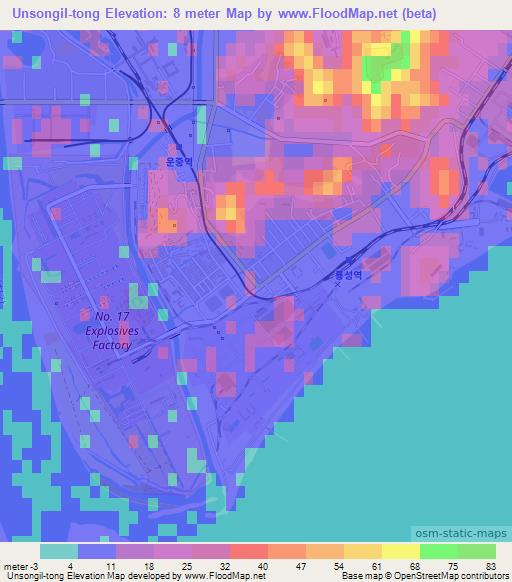 Unsongil-tong,North Korea Elevation Map