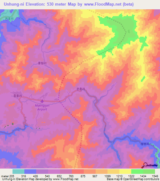 Unhung-ni,North Korea Elevation Map