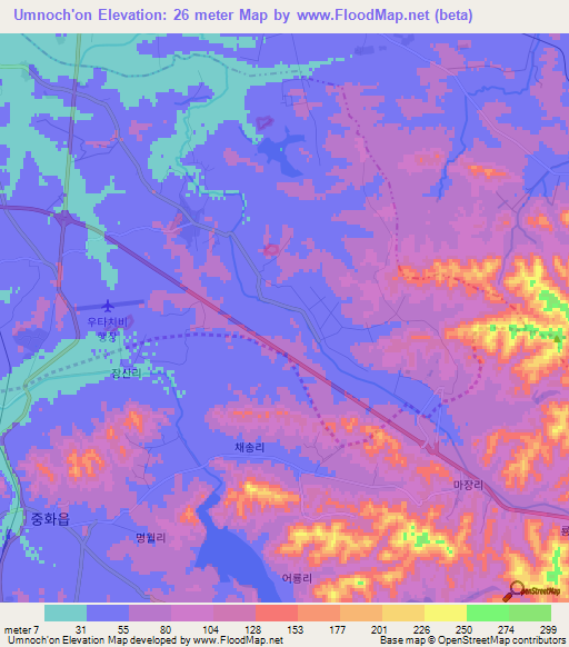 Umnoch'on,North Korea Elevation Map