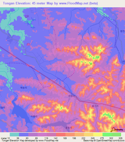 Tongan,North Korea Elevation Map