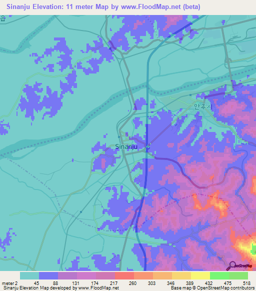 Sinanju,North Korea Elevation Map