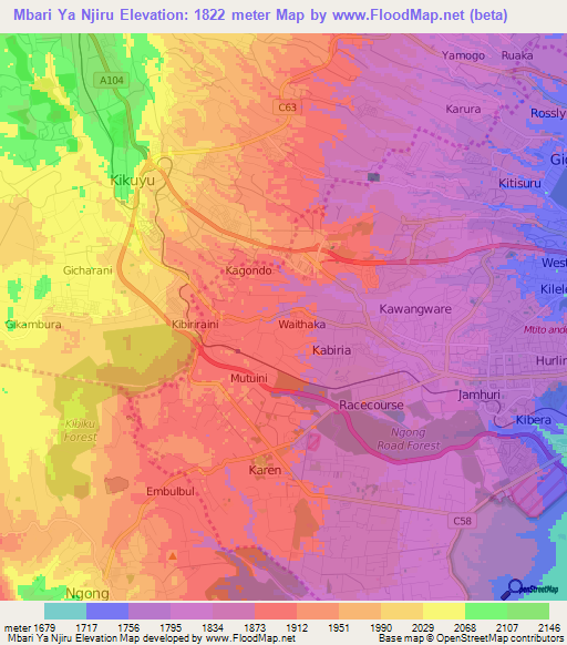 Mbari Ya Njiru,Kenya Elevation Map