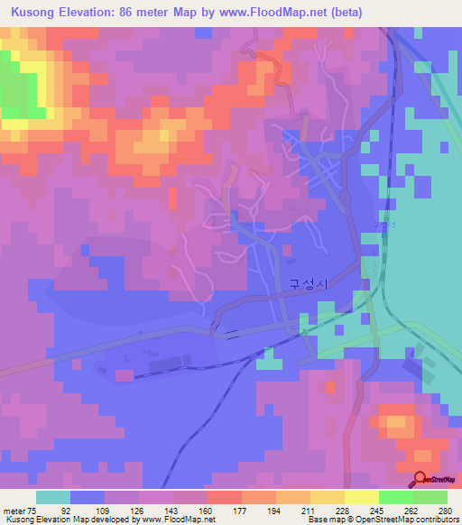 Kusong,North Korea Elevation Map
