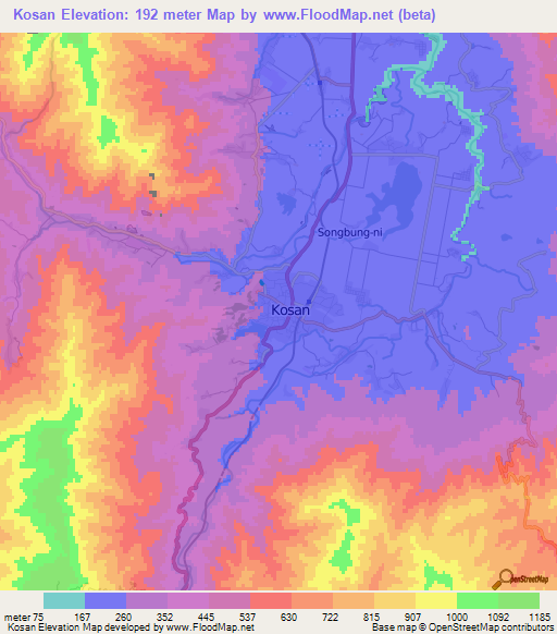 Kosan,North Korea Elevation Map