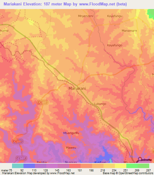 Mariakani,Kenya Elevation Map