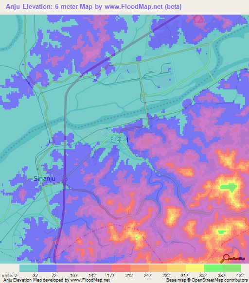 Anju,North Korea Elevation Map