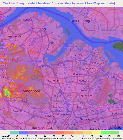 Yio Chu Kang Estate,Singapore Elevation Map