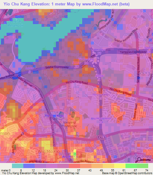 Yio Chu Kang,Singapore Elevation Map