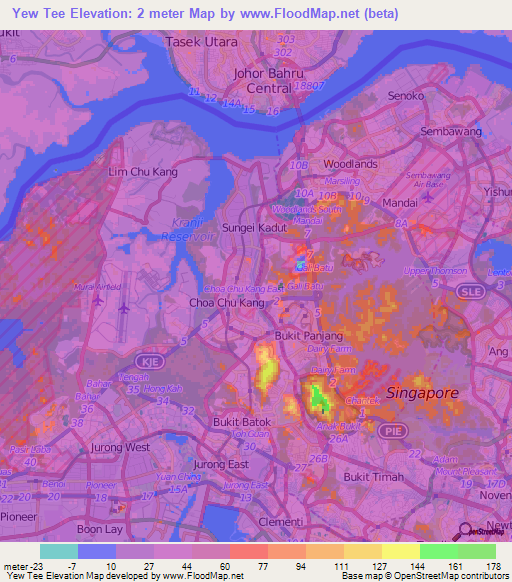 Yew Tee,Singapore Elevation Map