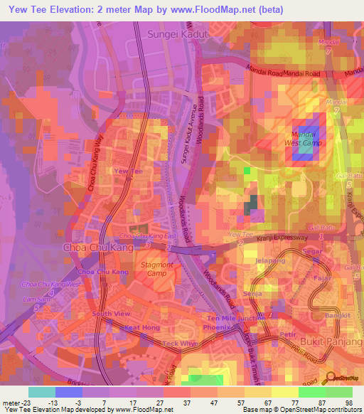 Yew Tee,Singapore Elevation Map