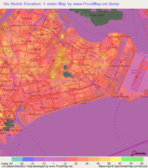 Ulu Bedok,Singapore Elevation Map