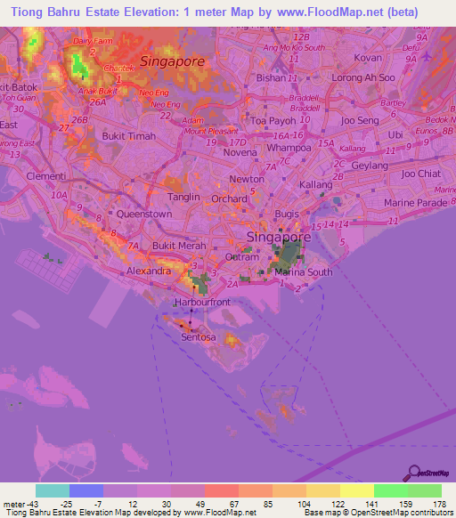 Tiong Bahru Estate,Singapore Elevation Map