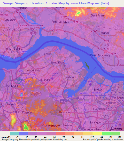 Sungai Simpang,Singapore Elevation Map