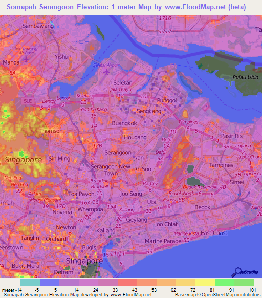 Somapah Serangoon,Singapore Elevation Map