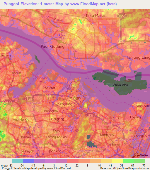 Punggol,Singapore Elevation Map