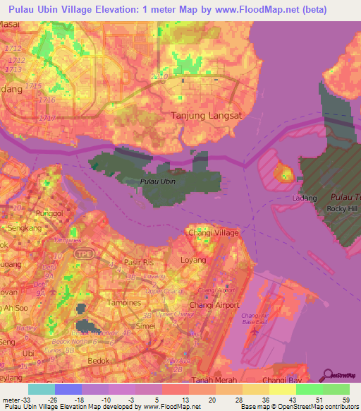 Pulau Ubin Village,Singapore Elevation Map